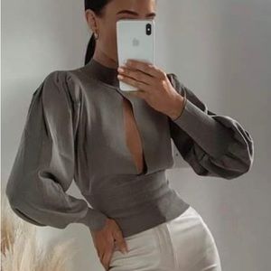 Zara olive green puff sleeve key hole sweater small